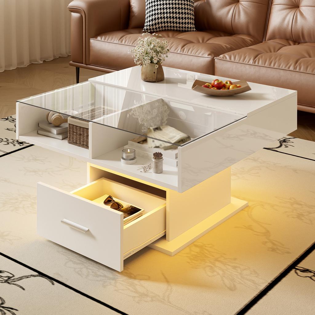 Multifunctional High-Gloss Lift Coffee Table with LED Lighting, Adjustable Height & Flexible Storage for Living Room, Office & Small Apartments