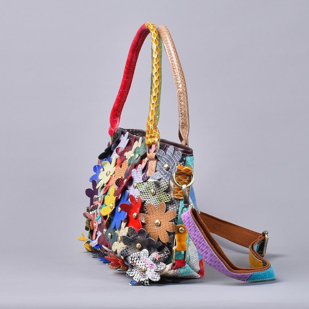 Genuine Leather Women's Handbag Snake-patterned Flower Color-matching Single-shoulder Lady's Handbag