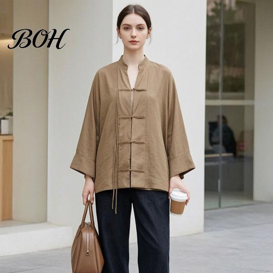 Durable Polyester Blouse Women Stand Collar Shirt, Chinese Frog Button for Early Meditation Clothing Fall, Loose Casual Solid Color Long Sleeve