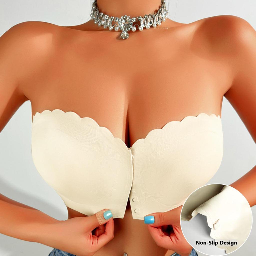 Бесшовный бюстгальтер пуш-ап без бретелей с застежкой спереди и волнистым краем