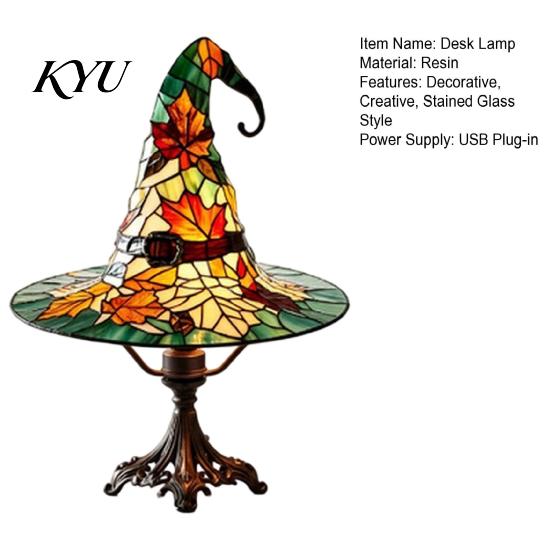 Vintage Wizard Hat Ornament Retro Witch Desk Lamp, USB Plug-in Night Light, Stained Glass Style Resin Table Handcrafted Accessory Lamp for Halloween