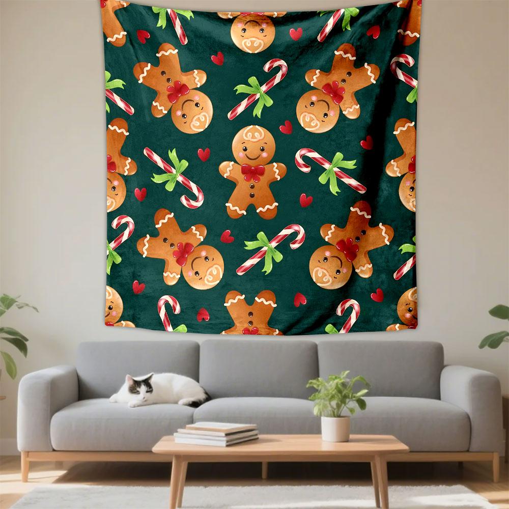 Gingerbread Men and Candy Canes Pattern Patterned Tapestry Decorative Wall Hanging, Home Bedroom Living Room Decor