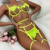 Женское сексуальное нижнее белье флуоресцентного зеленого цвета, водорастворимое, вышитое, с цветочным принтом, сетка на груди, полая любовь, металлический эротический комплект нижнего белья