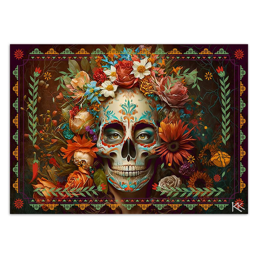 Обои Разноцветный череп с цветами