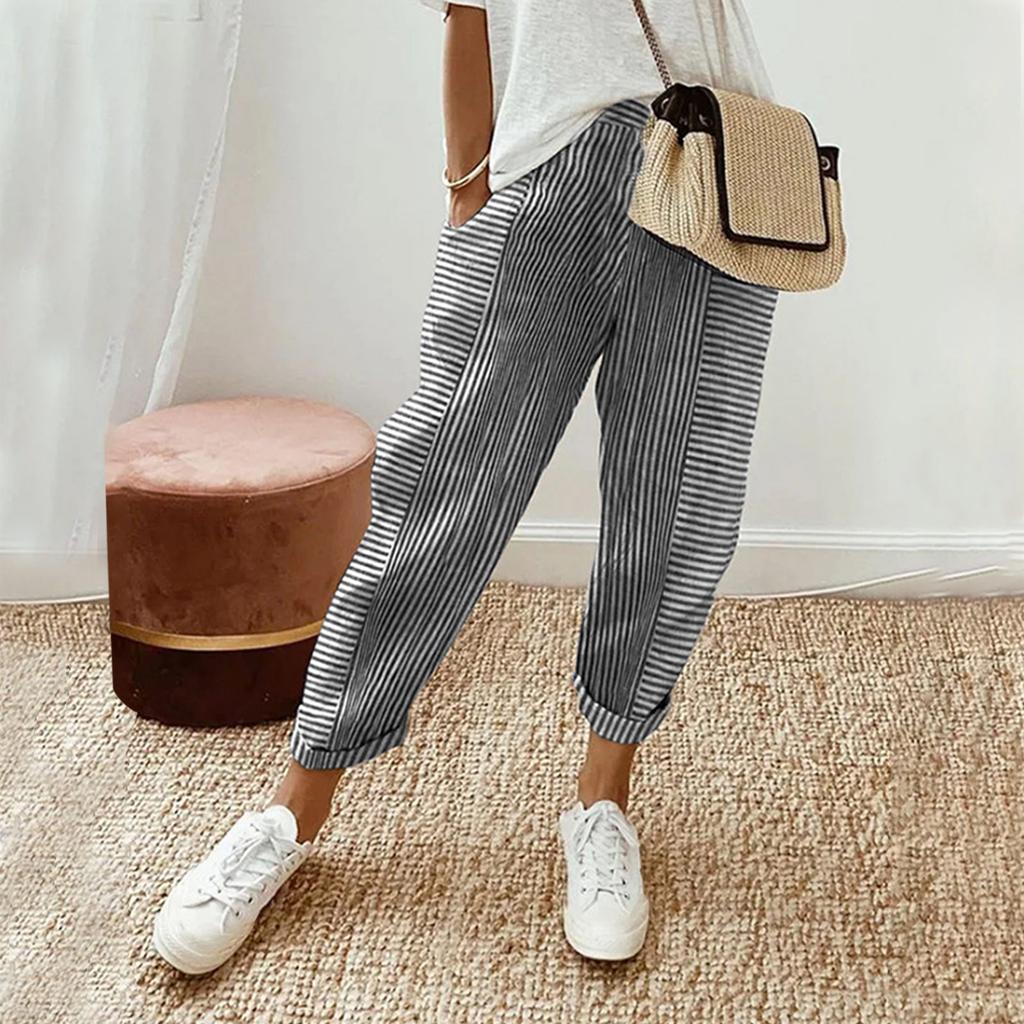 Women Casual Stripe Print Up Trendy Pants Baggy Elastic Waist Straight Leg Comfort Trousers With Pocket