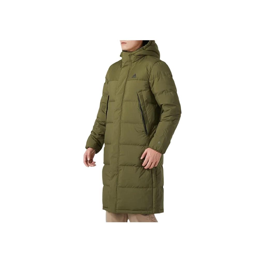 Adidas Solid Color Letter Logo Print Hooded Mid-Length Down Jacket Men Outerwear Military-Green HZ2598