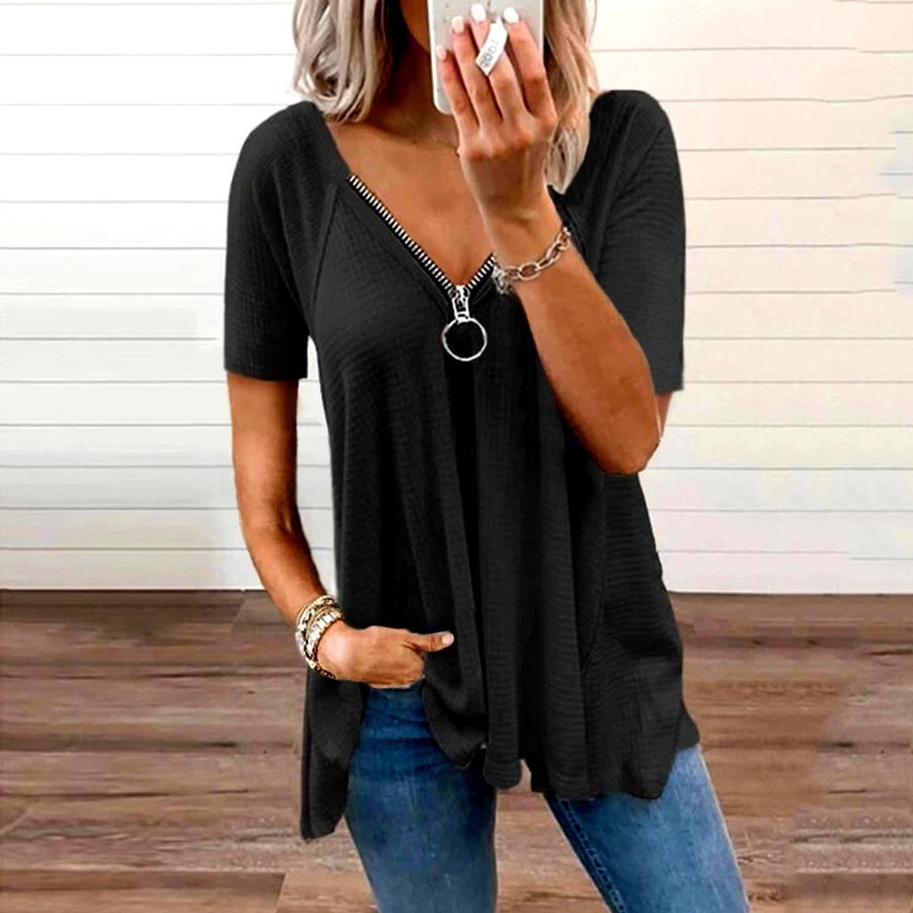 Womens Sexy V-neck Collar Zipper Solid Short Sleeve Fold Casual Blouse Tops