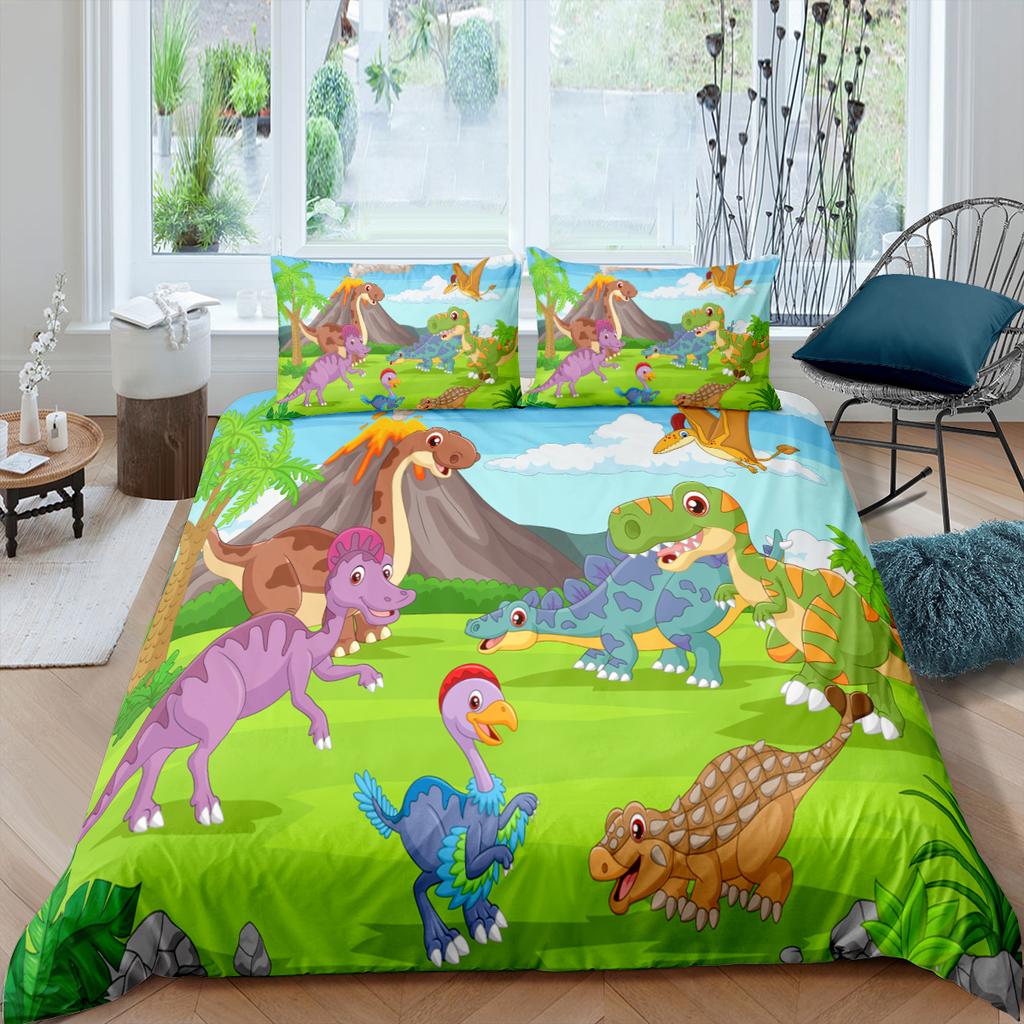 Cartoon Dinosaur Duvet Cover King Queen Kids Jurassic World Stegosaurus Tyrannosaurus Bedding Set 2/3pcs Polyester Quilt Cover