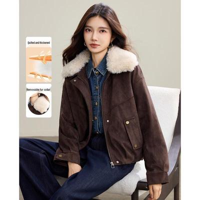 TERRE BLEUE Женская зимняя куртка в стиле ретро из замши со съемным меховым воротником