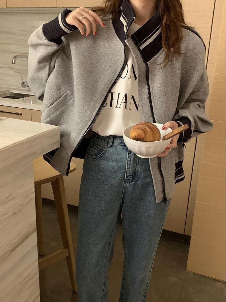 Women's Petite College Style Fleece Baseball Jacket - Cozy, Loose, Casual for Autumn/Winter