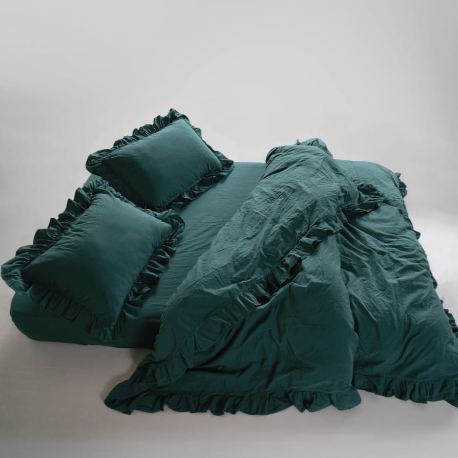 Bedding set 220x200 100% CREASTED COTTON with ruffles, dark green