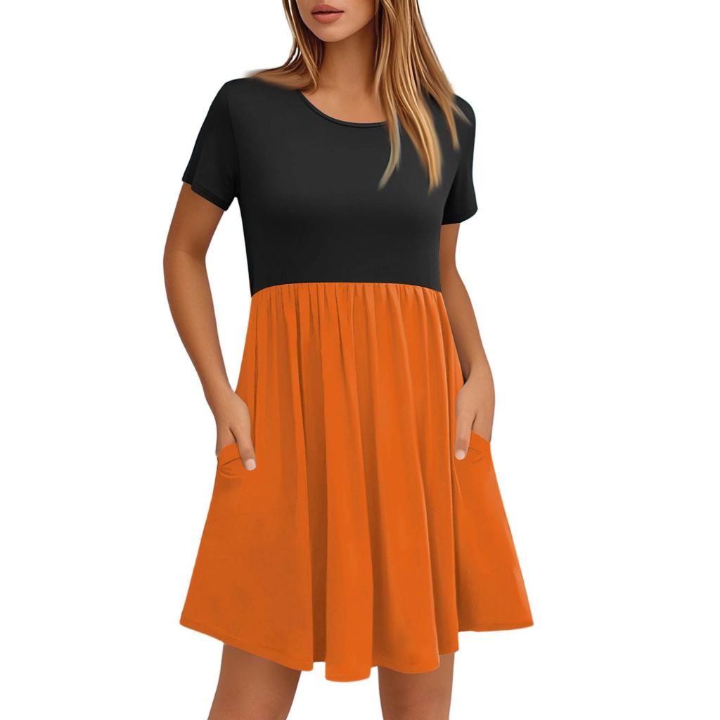 Женские модные повседневные свободные платья с круглым вырезом и коротким рукавом с цветными блоками и карманами
