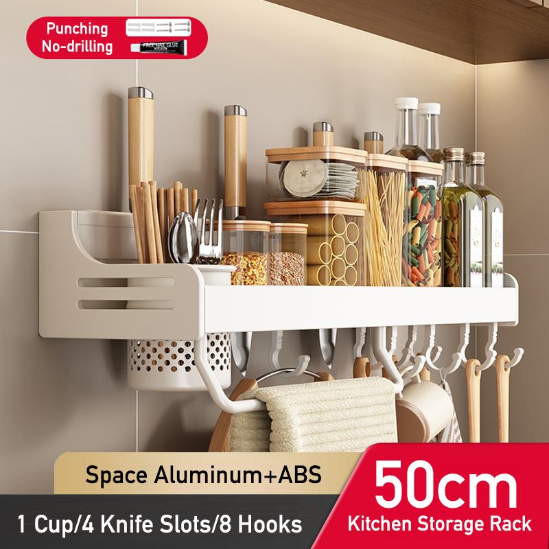 Kitchen Organizer Shelf Wall Mounted Spice Rack Seasoning Holder Dishcloth Towel Rack Knife Spoon Fork Shovel Storage Shelves