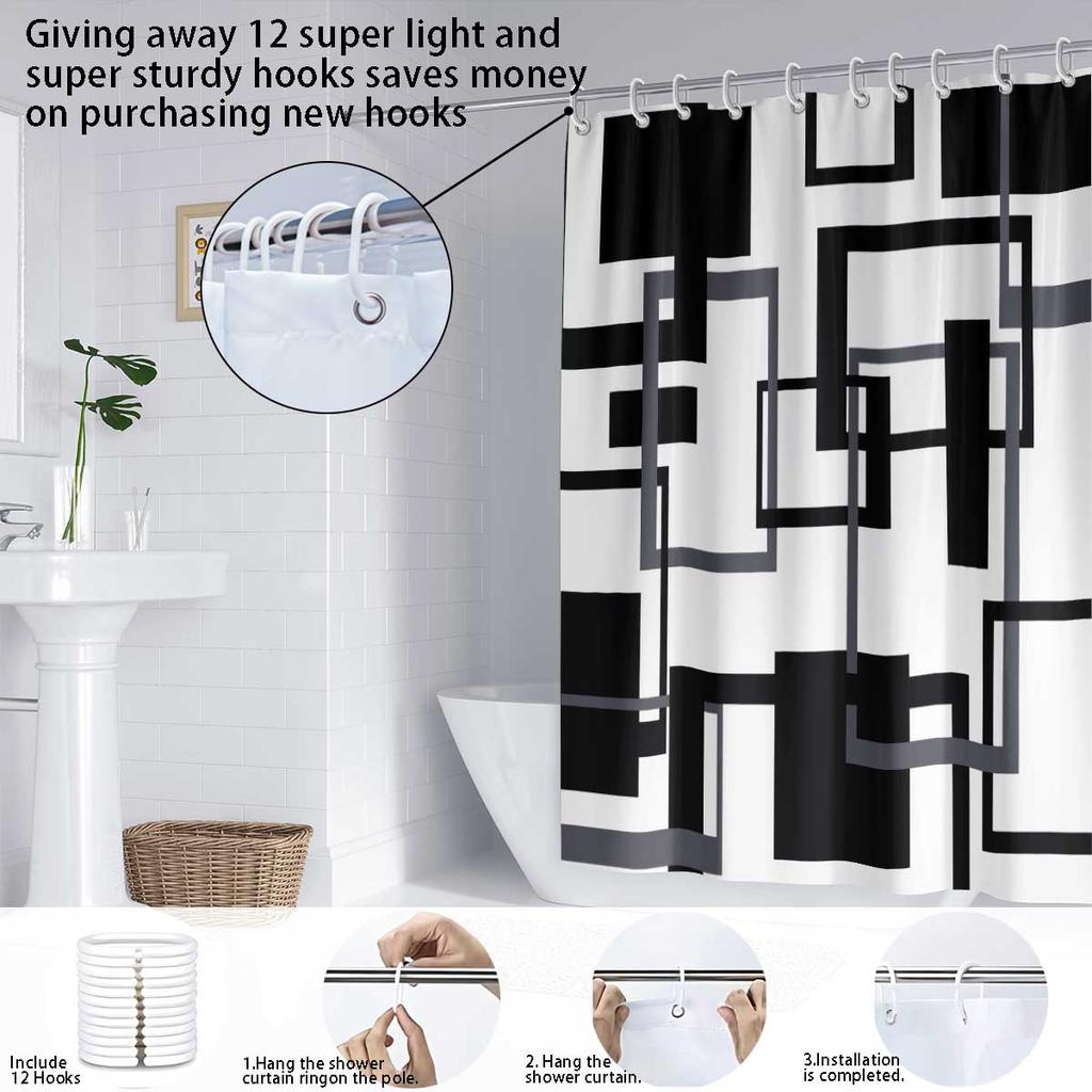 1pc Black and White Abstract Geometry Shower Curtain,with 12 Hooks,Machine Washable, for Shower Partition and Privacy Protecti