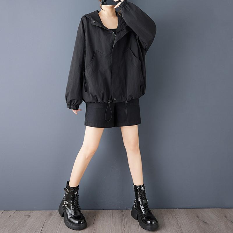 Винтажные черные куртки с капюшоном больших размеров для женщин Верхняя одежда повседневная свободная весенне-осенняя куртка-пальто