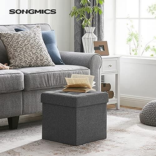 Foldable Storage Footrest Stool Ottoman and Linen Fabric Dark Gray 38 X 38 X 38 Cm