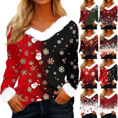 Женский модный повседневный топ с V-образным вырезом и рождественским принтом, с длинным рукавом