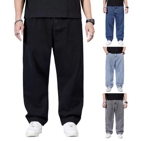 Мужские джинсы с высокой талией, однотонные сплайсированные джинсовые брюки с карманами, прямые, широкие, длинные брюки для повседневной носки