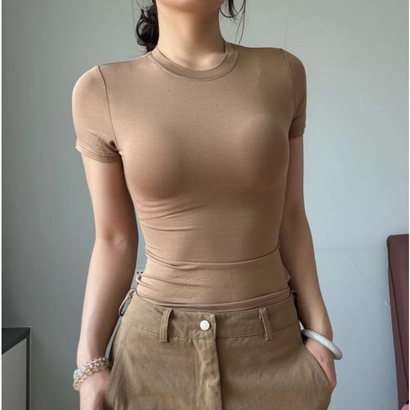 Женская однотонная футболка Amoi Kardashian с круглым вырезом, облегающая, короткая, базовая, с коротким рукавом