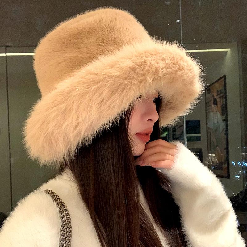High Sense Imitation Fur Mink Fluffy Bucket Hat Female Lady Wind Big Head Circumference Plush Hat Winter Warm Pullover Hat