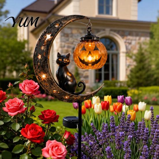 Automatic Dusk to Dawn Pathway Lighting Solar Halloween Black Cat & Pumpkin Moon Garden Stake Light, Waterproof on Warm Atmosphere Lights for