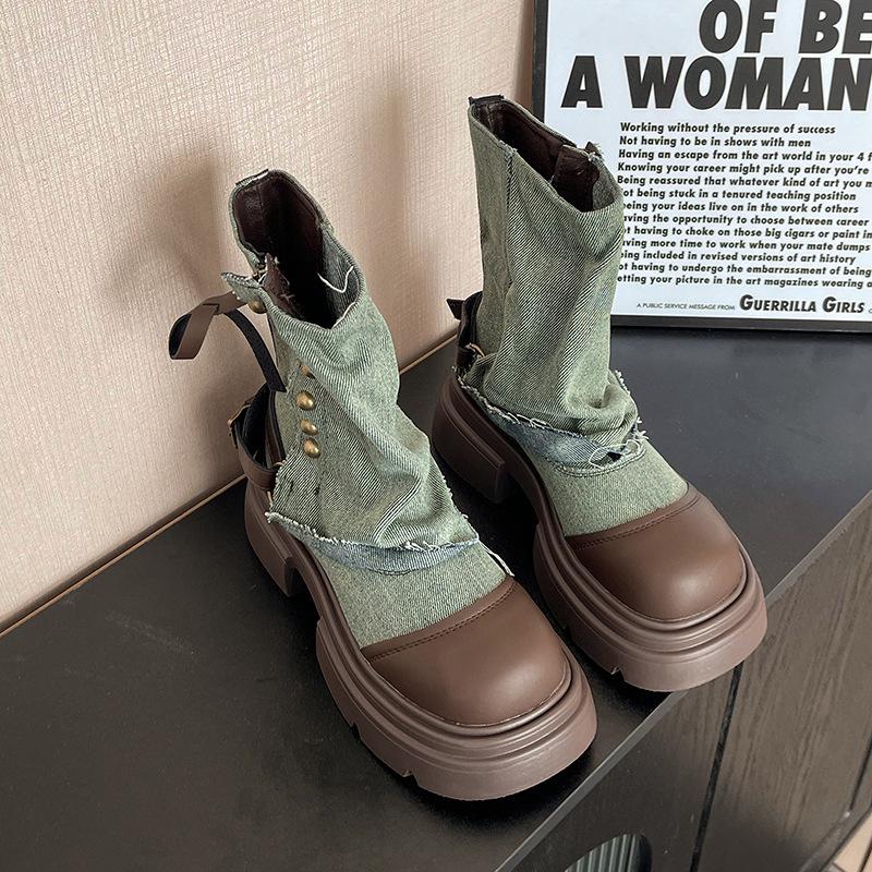 Женские ботинки Мартин на платформе в британском стиле, осенне-зимние, комбинированные ковбойские ботинки, нишевые, с юбкой, на толстом каблуке, короткие ботинки