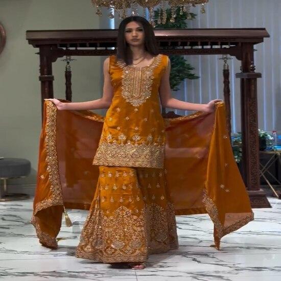 Vibrant Yellow Mirror Work Sharara Suit
