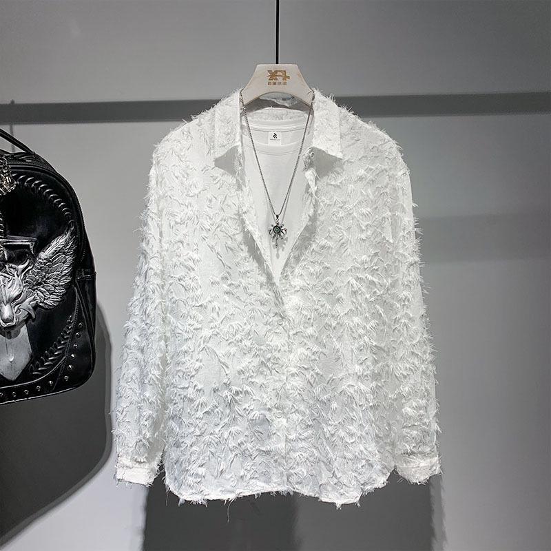 Летняя мужская рубашка с длинным рукавом и лацканами класса люкс 2024 года с меховой отделкой