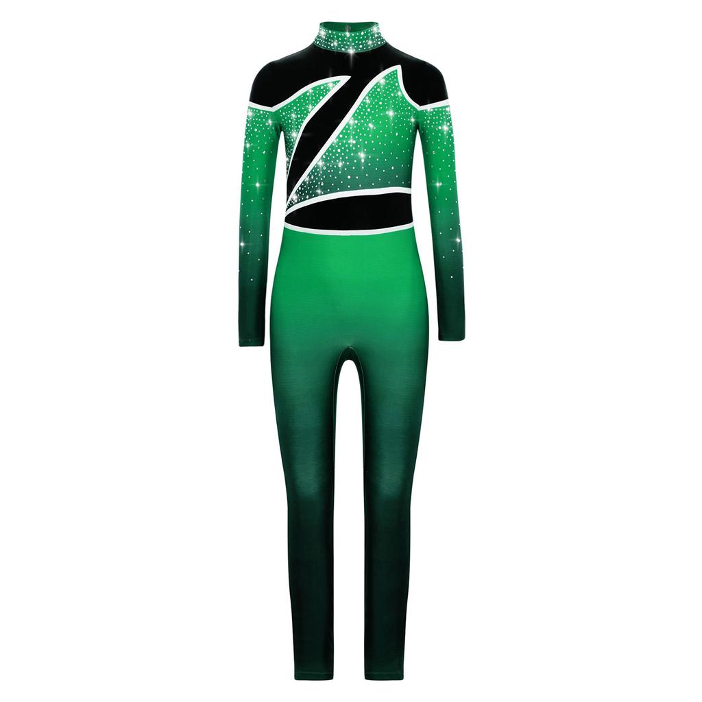 Комбинезон для девочек с цветными блоками, воротником-стойкой, длинными рукавами, вырезом-замочной скважиной на спине, со стразами, для танцевальных выступлений