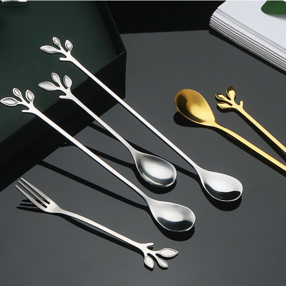 Golden Silver Water Cup Stirring Spoons Leaf Shape Dessert Spoon Fork Fruit Scraping Spoon Fork