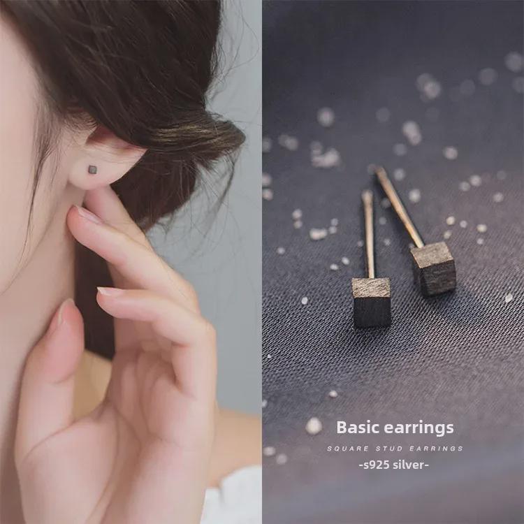 Sterling Silver Geometric Sugar Cube Earrings for Women - Simple Korean Style Ear Bone Studs