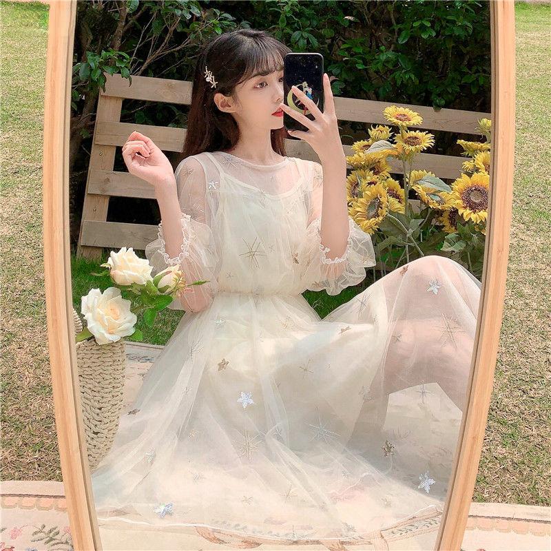 Сетчатые платья женские корейский стиль пэчворк пайетки милые элегантные модные досуг девушки летние праздничные вечерние платья с круглым вырезом