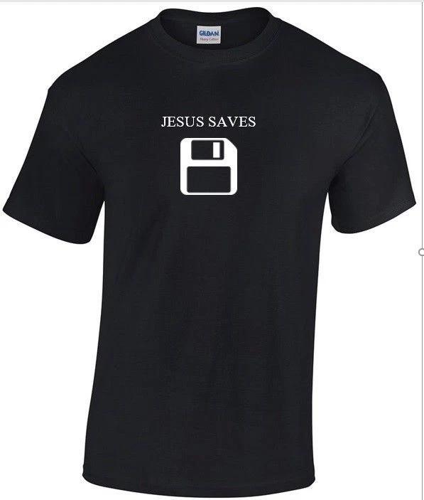 Jesus Saves Disk Funny Religious Christian Short Sleeve Cotton Black T-Shirt
