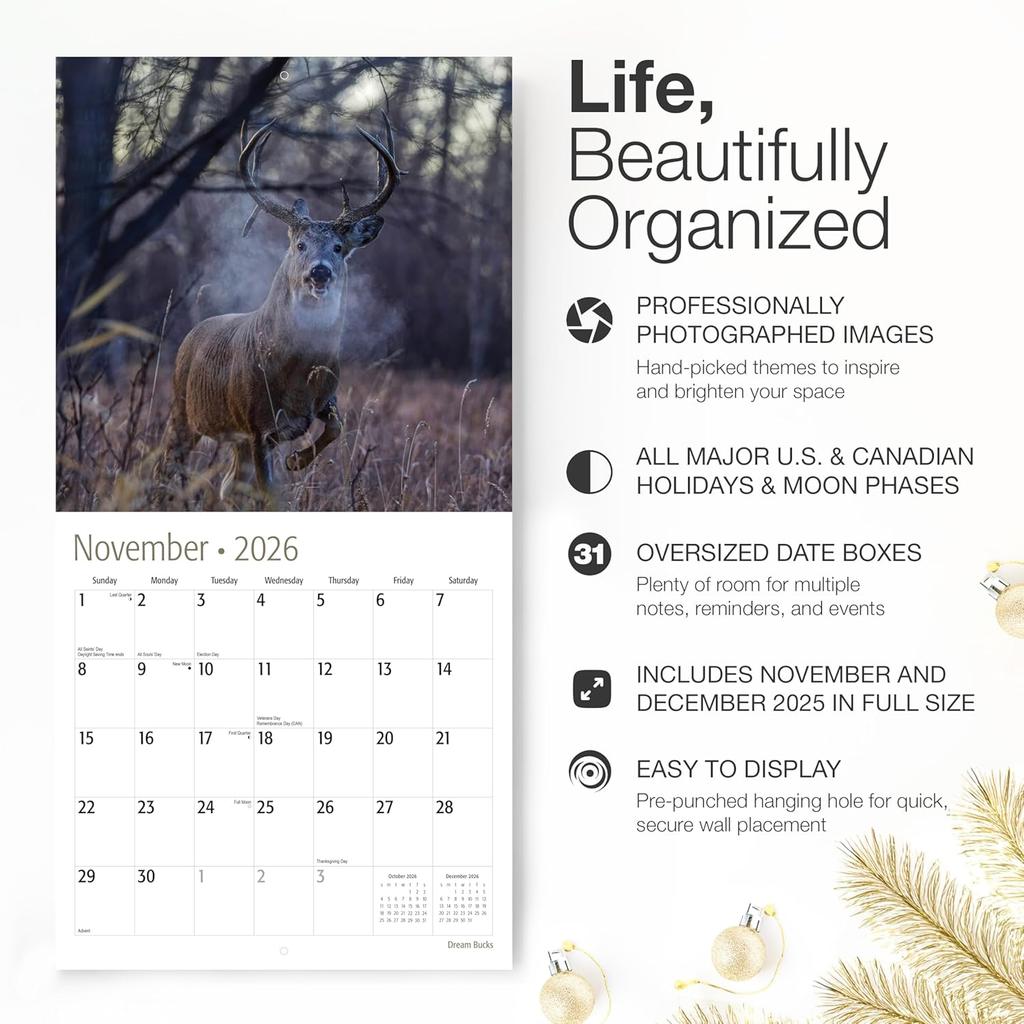RED EMBER Dream Bucks 2026 Wall Calendar 12 Month | 12” x 24” Open | Thick & Sturdy Paper | Holiday Gift | Whitetail Deer Hunting Wildlife Animal