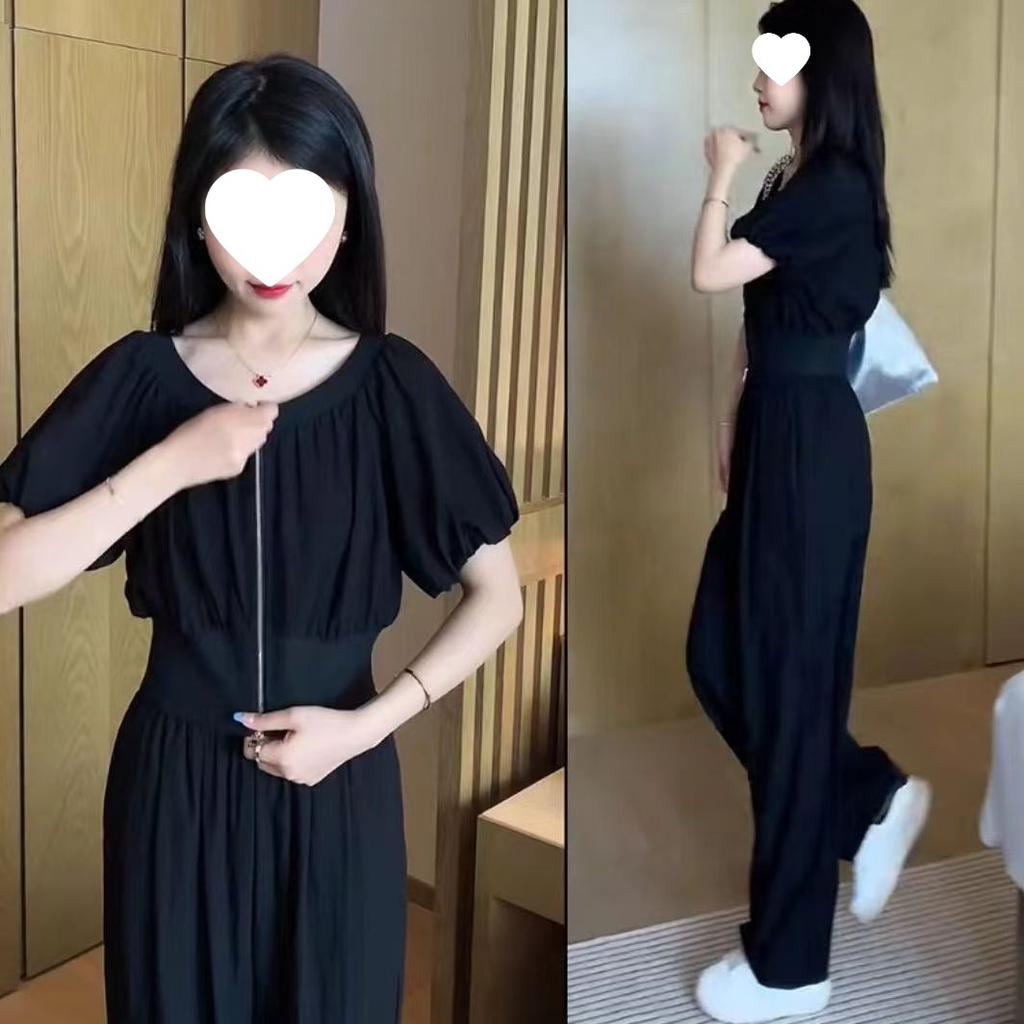 Костюм для женщин, летний стиль, уменьшающие возраст пышные рукава, кардиган на молнии, повседневные широкие брюки, модный комплект из двух предметов