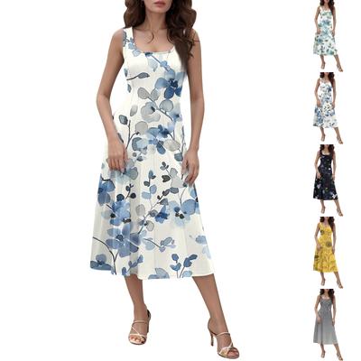 Женское повседневное модное платье миди с круглым вырезом без рукавов и боковыми карманами