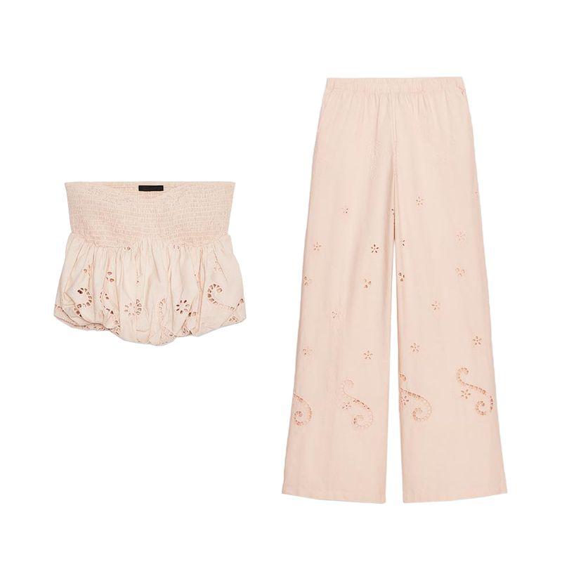 Summer New Balloon Version Tops 7200007 Embroider Cotton Mid Waist Casual Pants 7200406