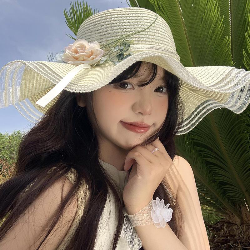 Соломенная шляпа с волнистыми краями и цветочным плетением, женская летняя пляжная шляпа от солнца с широкими полями, защищающая от солнца