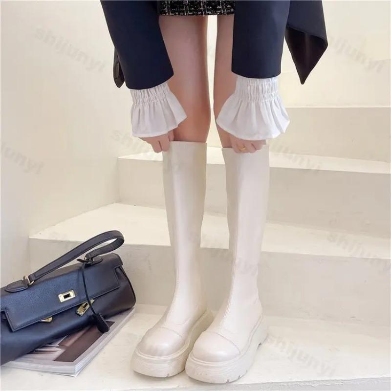 Женские резиновые сапоги осень-зима 2025, зимняя обувь, низкий каблук, длинные ботильоны, круглый носок, платформа, дождевые сапоги до колена, боты для женщин