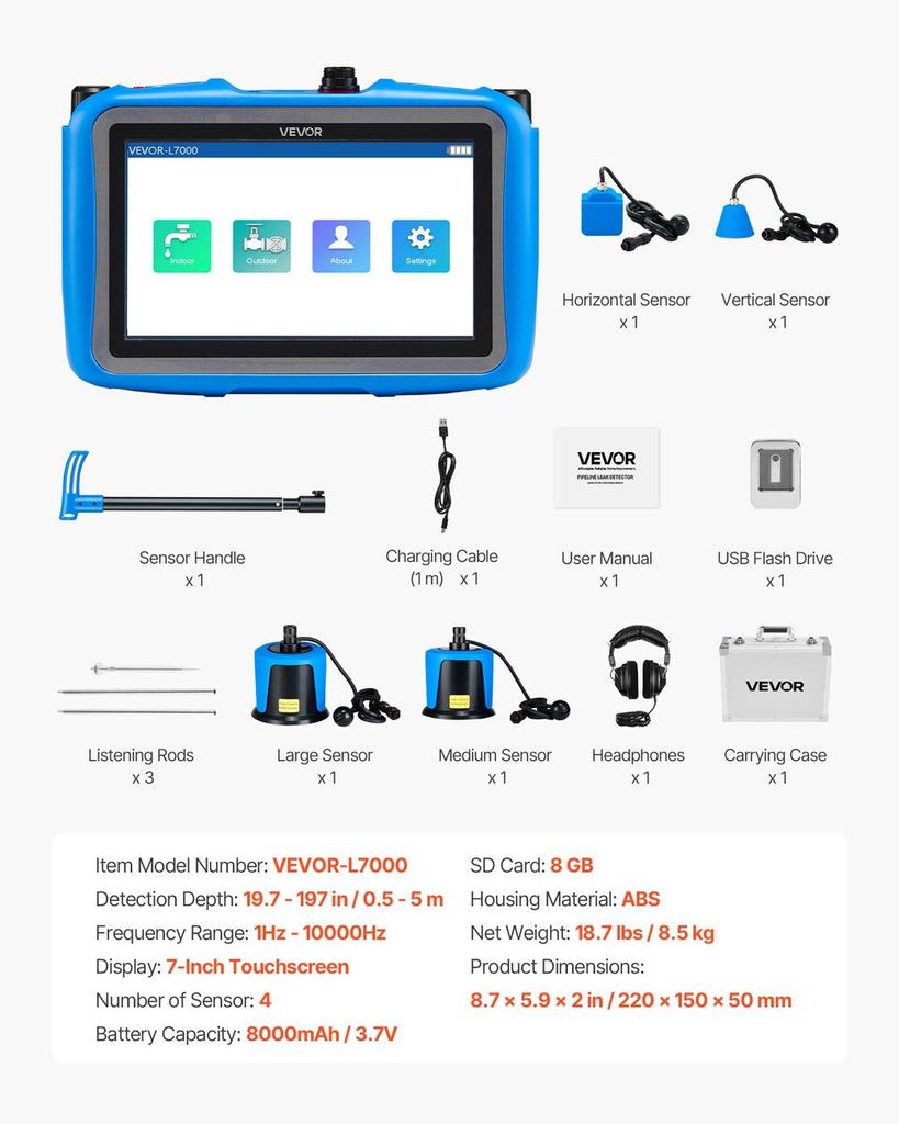 Pipe Water Leak Detector with 4 Sensors, 1Hz-10000Hz, LCD Touchscreen Underground Plumbing Leakage Detection Locator with 3 Listening Rods,