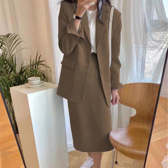 2Pcs/Set Women Suit Set Lapel Long Sleeve Flap Pockets Suit Coat High Waist Midi Skirt Set Solid Color Office Lady Suit Workwear