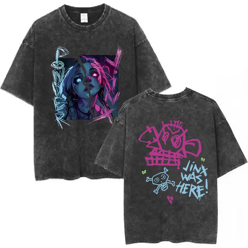 Unisex Arcane Jinx Game Fans Lover Gifts Washed Shirt Harajuku TShirt for Men Women Short Sleeve High Quality Cotton Tees