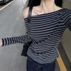 Женские полосатые футболки с открытыми плечами Модные свободные футболки с длинным рукавом Повседневные облегающие топы Осень Зима Элегантные базовые сексуальные рубашки
