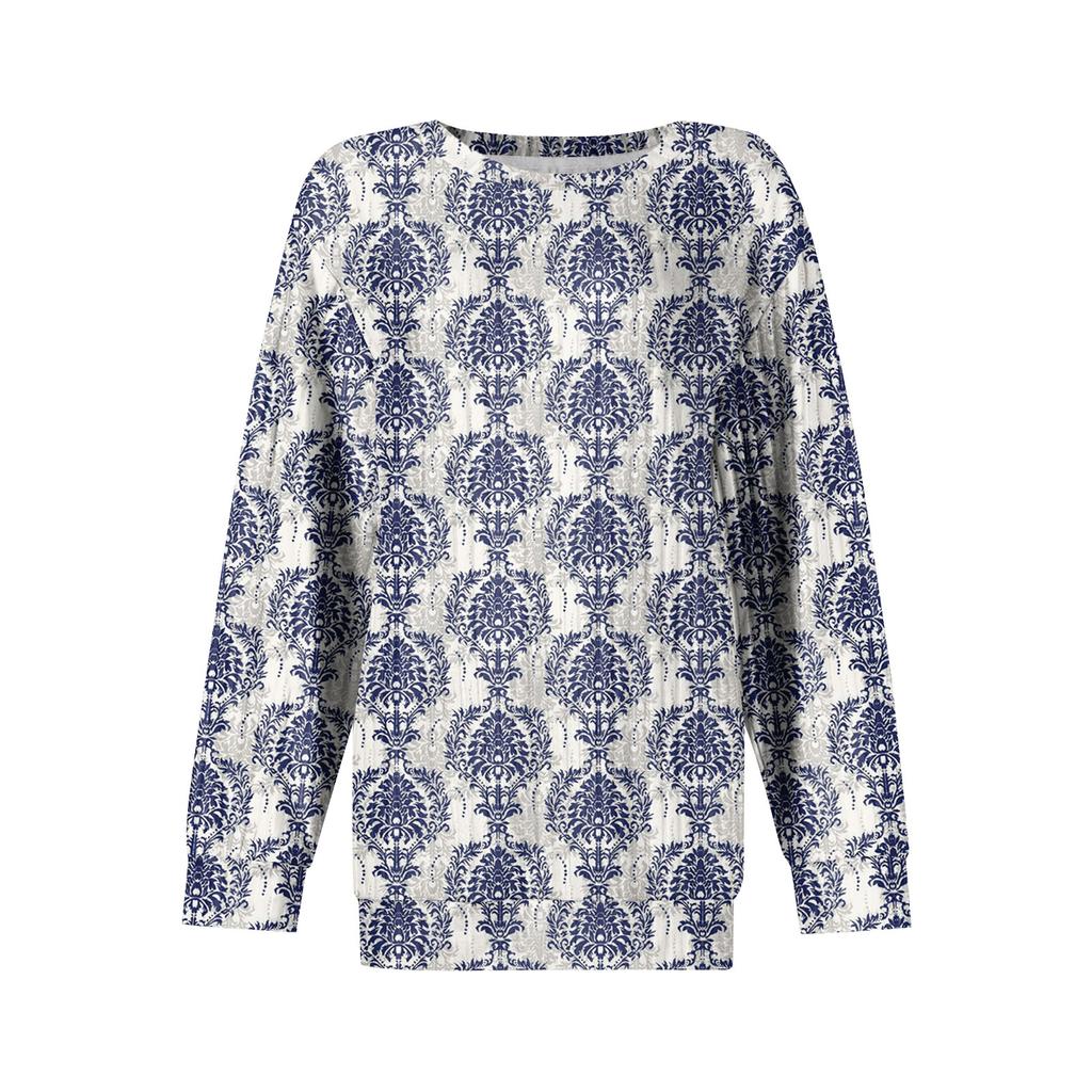 Women's Winter Color-Block Printed Lightweight Brushed-Cotton Round Neck Top