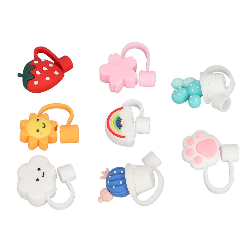 8pcs Straw Covers Silicone Cute Cartoon Design Dustproof Reusable Portable Drinking Straw Covers