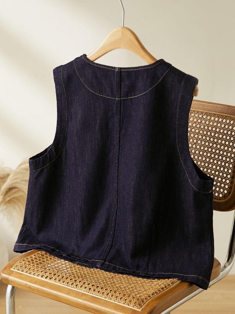 Женский художественный ретро джинсовый жилет Bieyang с тремя карманами - Высококлассное универсальное пальто для начала осени