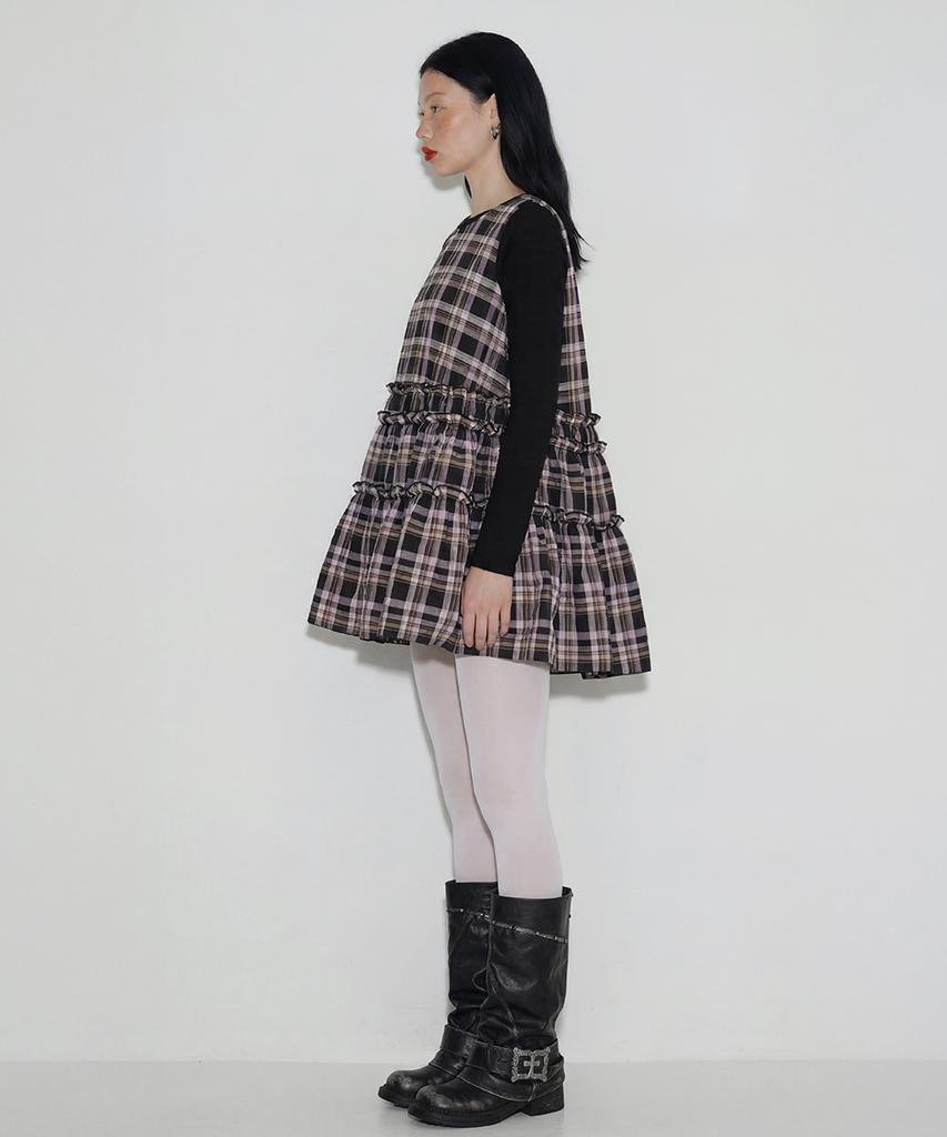 Cecese Tiered Ruffle Check Dress Black