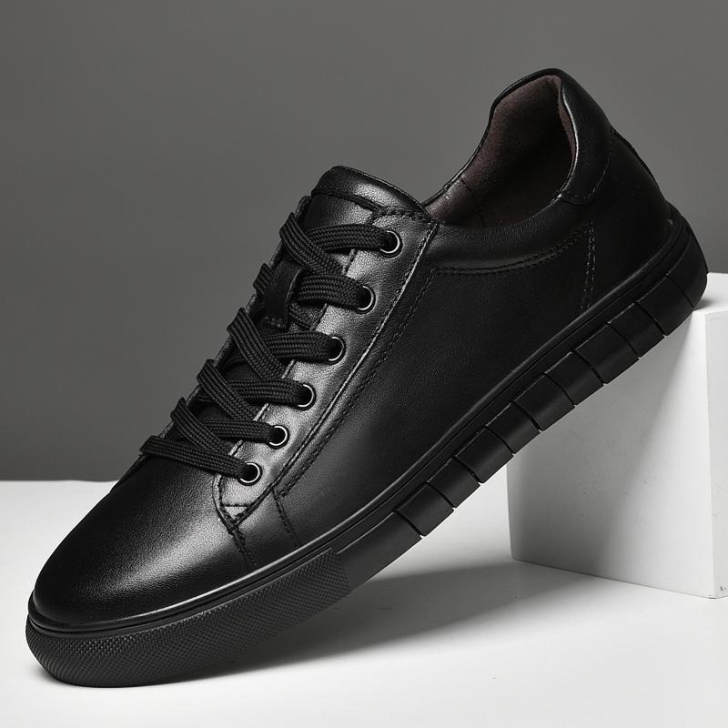 Genuine Leather Flats Sneakers Men Solid Color black white Simple All-match Basic Shoes lace up oxfords Casual Male shoes