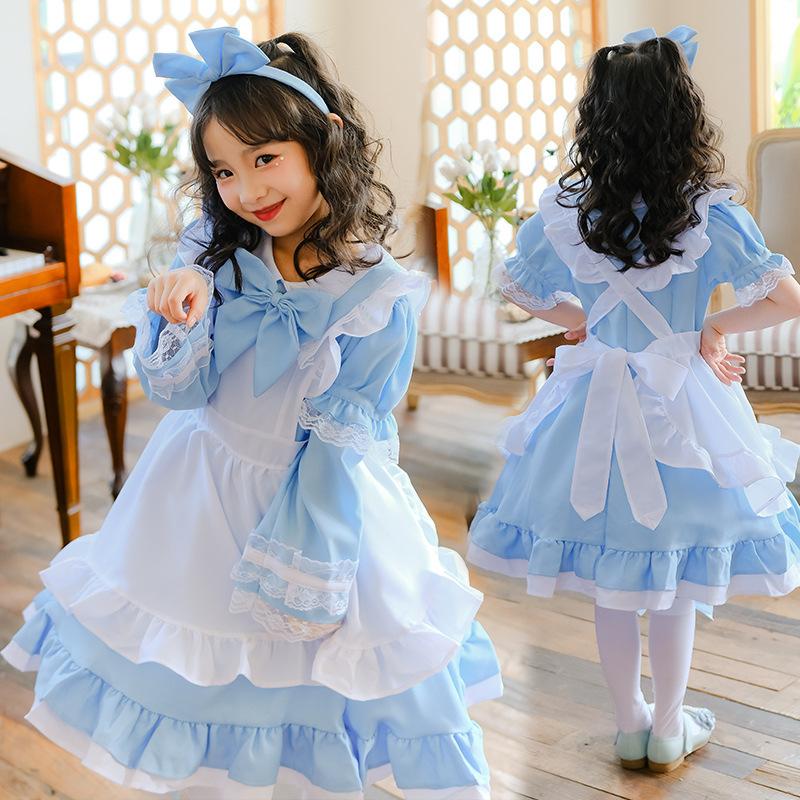 Japanese Blue Alice in Wonderland Maid Costume, Halloween Costume for Children cosplay Children's performance costumes