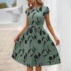 2025 Geometric Print Mid-Length Summer Dress - Pleated European & American Style Women's Clothing